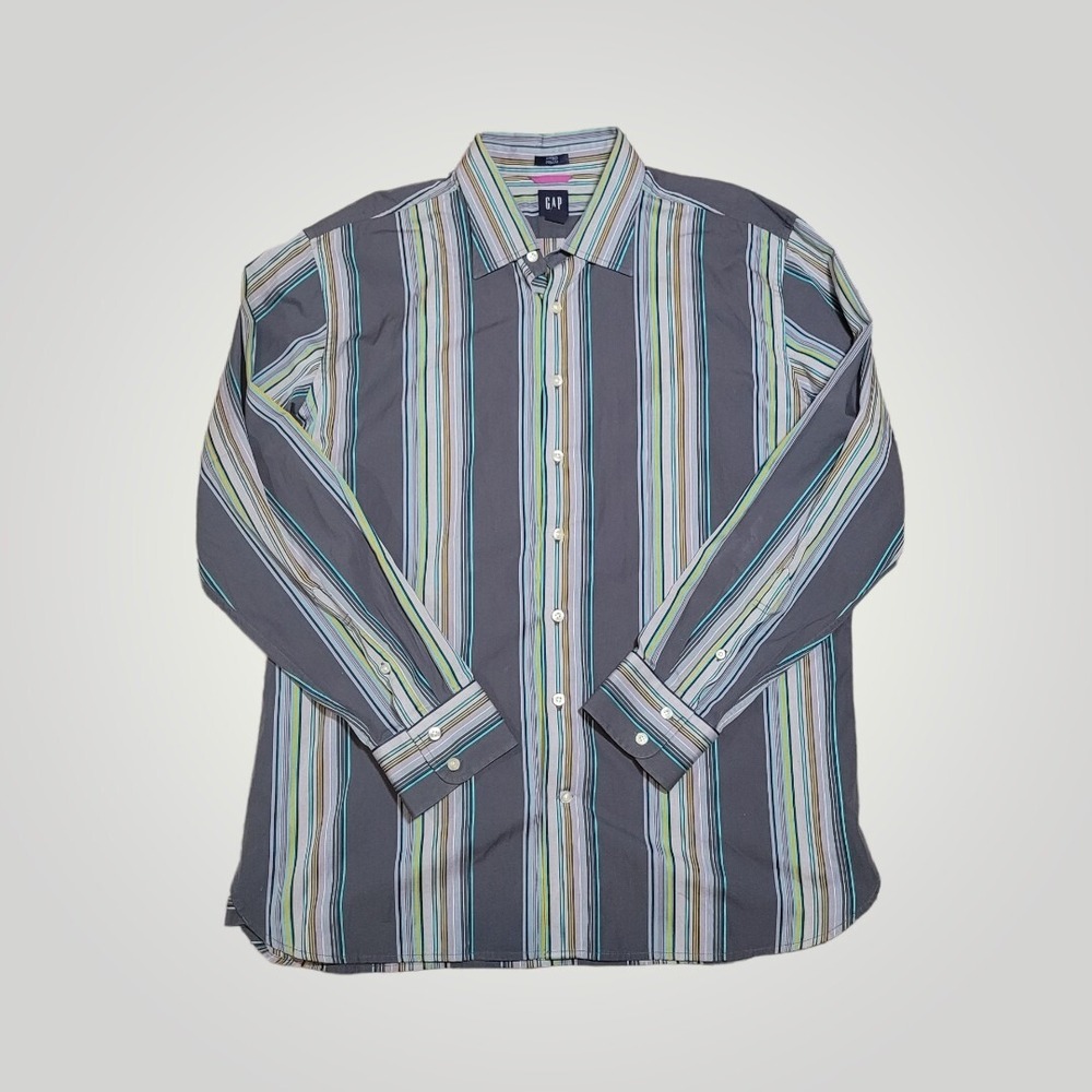 Gap Button Up Fitted Shirt Mens XL 17-17 1/2 Blue Pink Cotton Long Sleeve